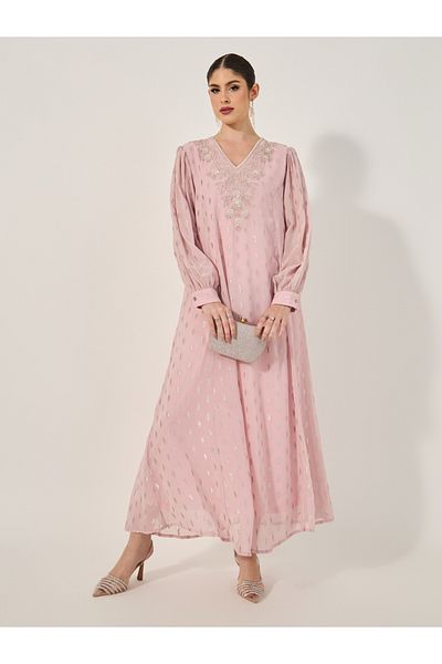 Styli Dobby Balloon Sleeve V-Neck A-Line Maxi Dress