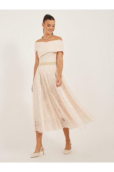 Styli Solid Asymmetric Hem Lace A-Line Midi Skirt