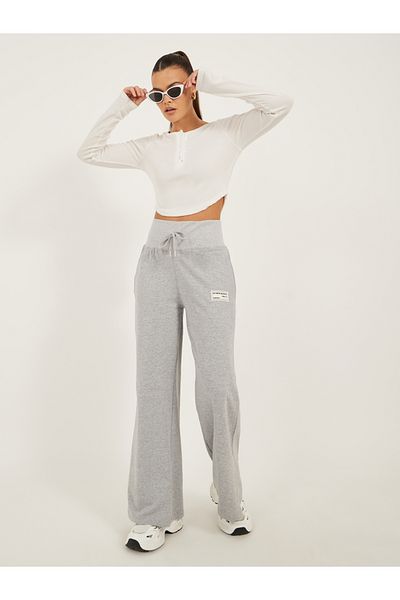 Styli Badge Detail Wide Leg Joggers with Side Slit