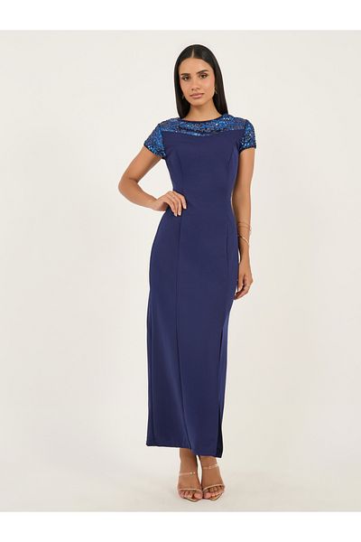 Styli Sequinned Front Slit Detail Sheath Maxi Dress