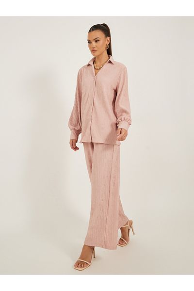 Styli Textured Mid Rise Wide Leg Pants with Elasticated Waistband