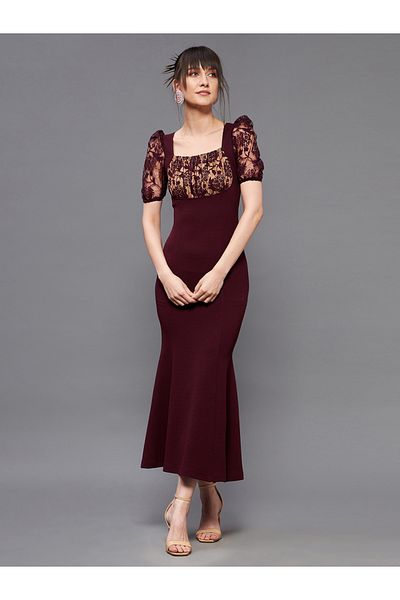Miss Chase By Styli Lace Square Neck Puff Sleeve Bodycon Midi Dress