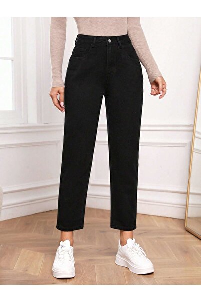 katalya جينز Mom Jeans عالي الخصر بقصة جزرة - أسود