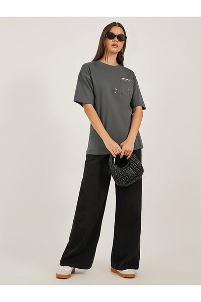Styli Embroidered Pocket Round Neck Oversized T-Shirt