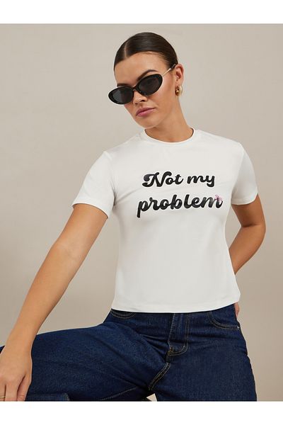 Styli Slogan Print Round Neck Crop T-Shirt