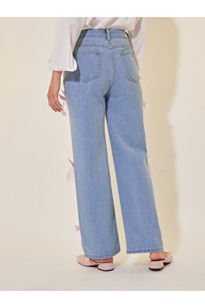 Take Two By Styli Mid Rise Wide Leg Faded Jeans with Bow Detail