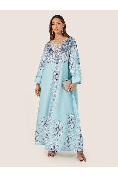 Styli Printed Jalabiya with Faux Pearl Embroidery