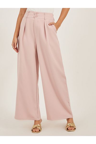 Styli Pleated Wide Leg Pants with Double Buttoned Waistband