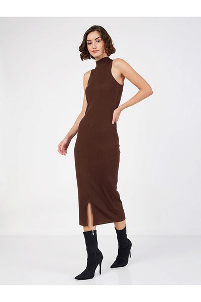 Sassafras By Styli Rib High Neck Sleeveless Midi Dress