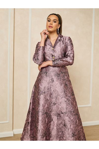 Styli Jacquard Collared Long Sleeves A-Line Maxi Dress