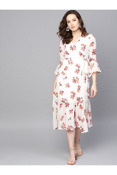 Sassafras By Styli Floral Print A-Line Wrap Midi Dress