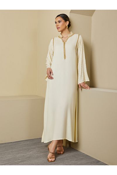 Styli Embellished Stand Collar Lace Detail A-Line Jalabyia