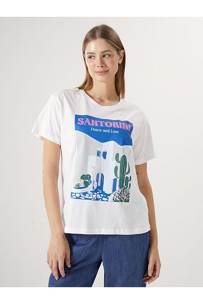 LC Waikiki New Season Crew Neck Santorini Printed Women's T-Shirt - S5Fb09Z8