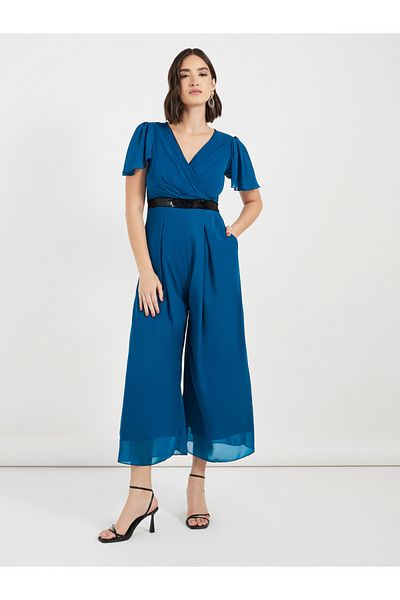 Styli Wide Leg Wrap Front Sequined Band Jumpsuit