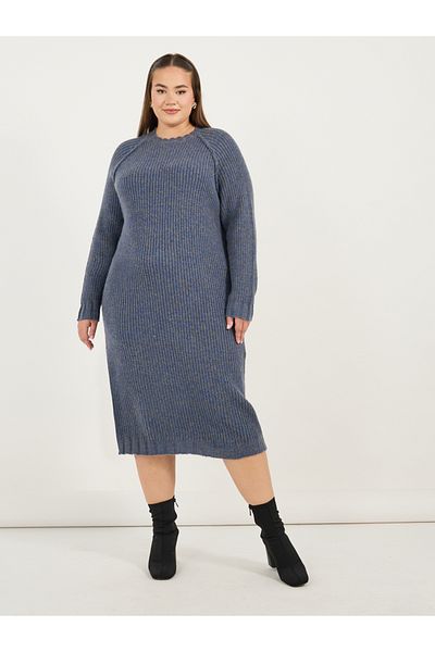 Styli Plus Size Rib Knit Long Sleeve Sweater Midi Dress