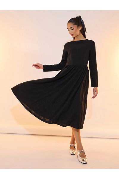 Take Two By Styli فستان ميدي سادة بفتحة رقبة على شكل قارب وخصر مطوي