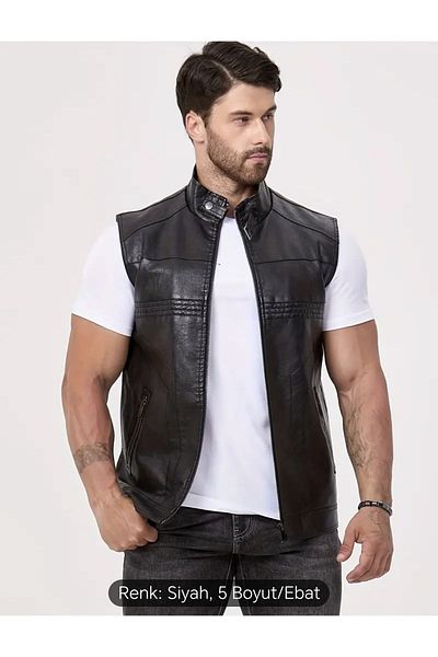 NYC GİYİM TEKSTİL Long Judge Collar Regular Fit Genuine Leather Vest