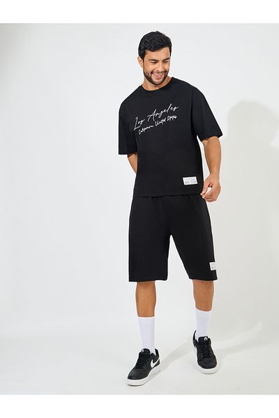 Styli Chest Print Heavy Cotton Jersey T-Shirt and Badge Detail shorts Co-Ords
