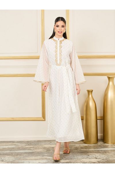 Styli Dobby Lace Embroidered Collared Kaftan with Self Tie Up