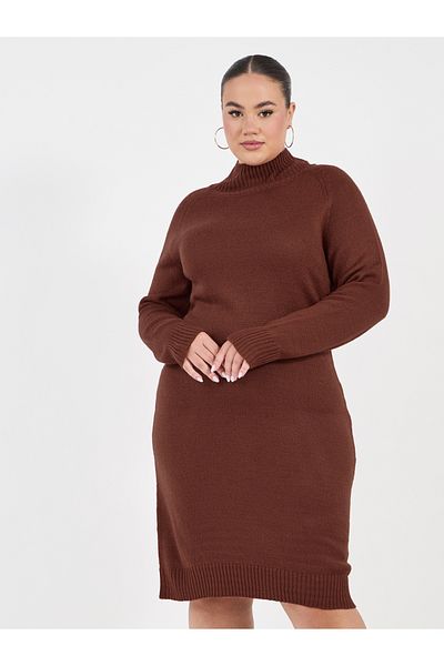 Styli Plus Size Long Sleeves Knitted Sweater Knee Length Dress