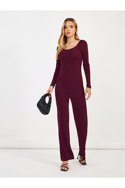 Styli Solid Straight Leg Wide Neckline Stretchy Jumpsuit