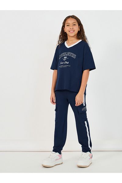 Styli Graphic Print V-Neck T-Shirt and Tape Detail Cargo Joggers Co-Ords