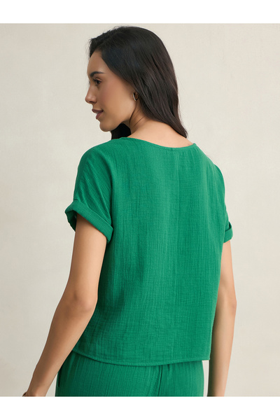 Femmella By Styli Solid Crinkled Turn-Up Sleeve Top