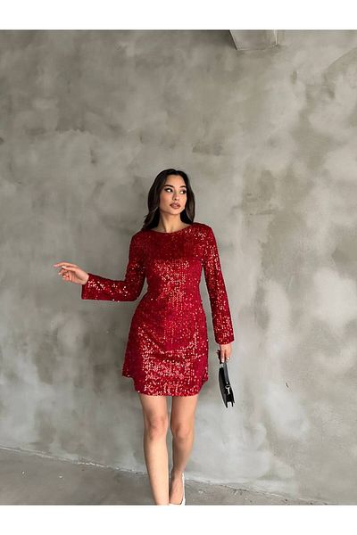 buqre's moda Women's Crew Neck Ribbon Detailed Long Sleeve Mini Sequin Dress