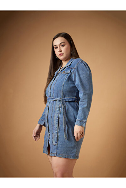 Sassafras By Styli Plus Size Front Button Belted Shirt Mini Dress