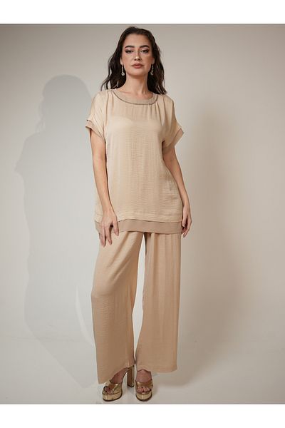 Elena by DStyle Matte Satin Beaded Neckline Longline Top and Pants Modest Set