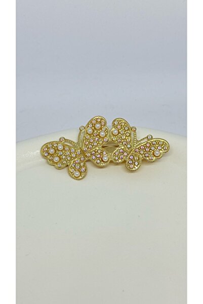 GM TAKI Gold Color Pearl and Shiny Stone Detailed Appearance Butterfly Hair Clip