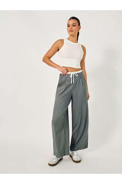 Styli Wide Leg Pants with Contrast Drawstring Waistband