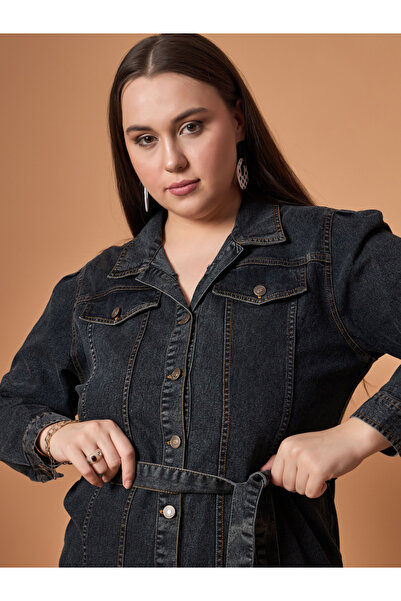 Sassafras By Styli Plus Size Front Button Belted Shirt Mini Dress