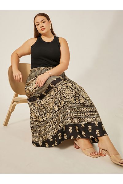 Styli Plus Size Printed S-Line Maxi Skirt with Elasticated Waistband