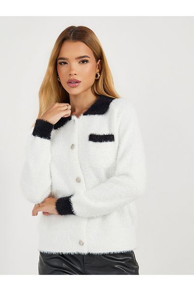 Styli Regular Fit Fuzzy Yarn Cardigan with Contrast Cuff