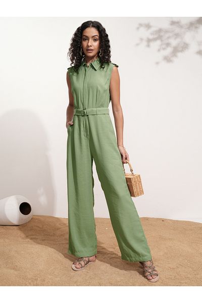 Tokyo Talkies By Styli Solid Sleeveless Collared Jumpsuit with Belt