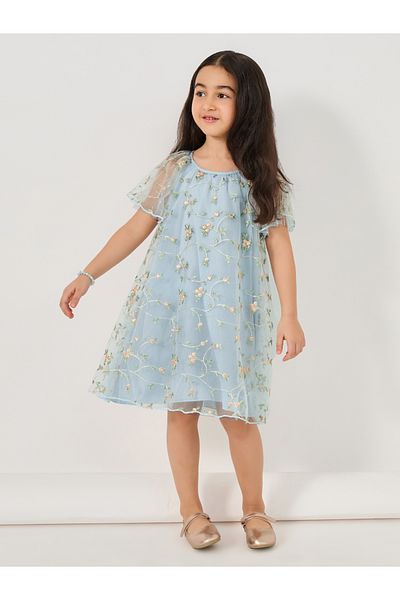 Styli Embroidered Floral Mesh Round Neck Dress