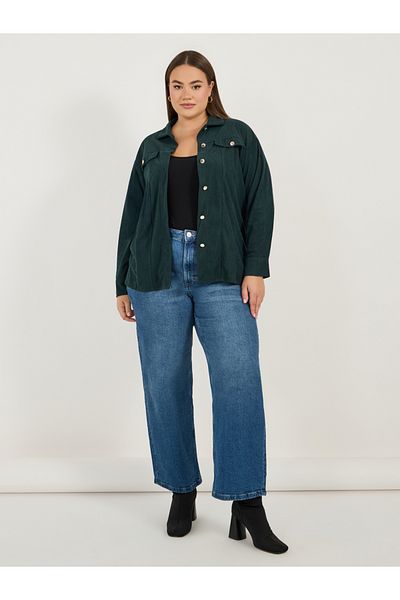 Styli Plus Size Chest Pocket Corduroy Shirt with Metal Buttons