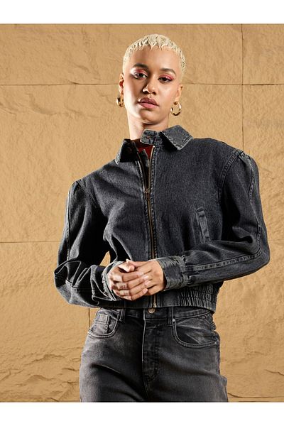 Sassafras By Styli Zipper Front Denim Biker Jacket