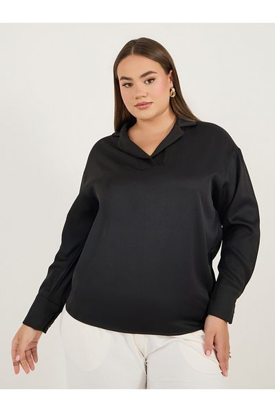 Styli Plus Size Notch Collar Long Sleeve Blouse