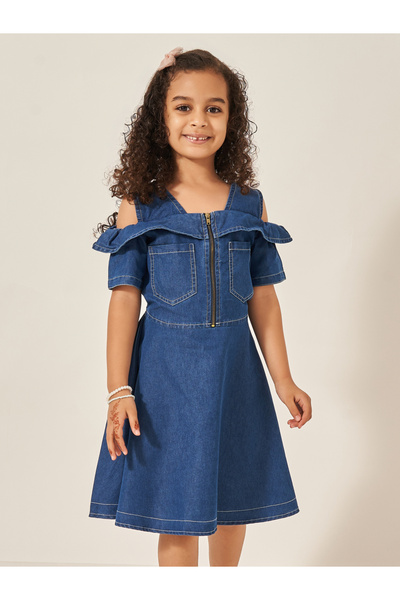 Styli Cold Shoulder Half-Zipper Knee Length Denim Dress