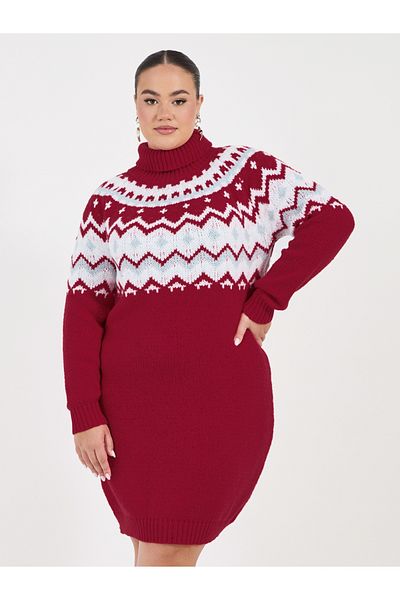 Styli Plus Size Geometric Pattern Knit Sweater Knee Length Dress