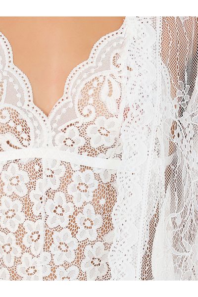 Styli Scalloped Edge Lace High Cut Bodysuit and Eyelash Lace Robe Set