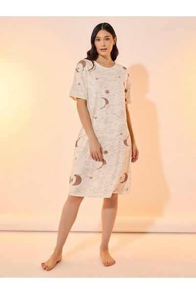Styli Moon and Stars Print Round Neck Nightdress