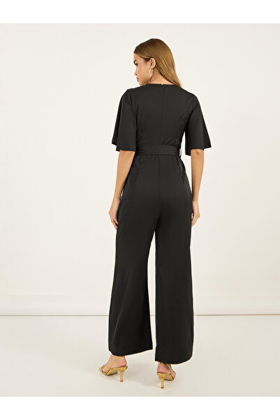 Styli Embroidered Panel Wide Leg Jumpsuit with Tie Belt
