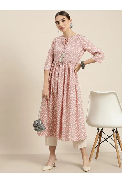 Sassafras By Styli Bohemian Print Gathered Detail Tie Up Neck Kurta