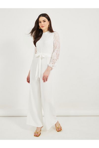 Styli Texture Lace Insert Wide Leg Jumpsuit with Waist Tie Detail