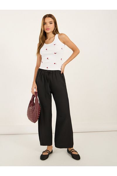Styli Solid Elasticated Waistband Wide Leg Pants with Drawstring