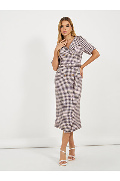 Styli Checked Belted A-Line Blazer Midi Dress