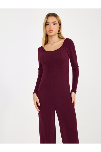 Styli Solid Straight Leg Wide Neckline Stretchy Jumpsuit
